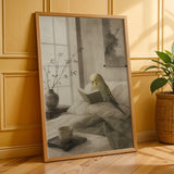 Yellowface Budgerigar Reading in Bed Poster | Japanese Zen Sumi-e Bird Wall Art | Warm Ivory Fog Gray Decor | Minimalist Bedroom Print