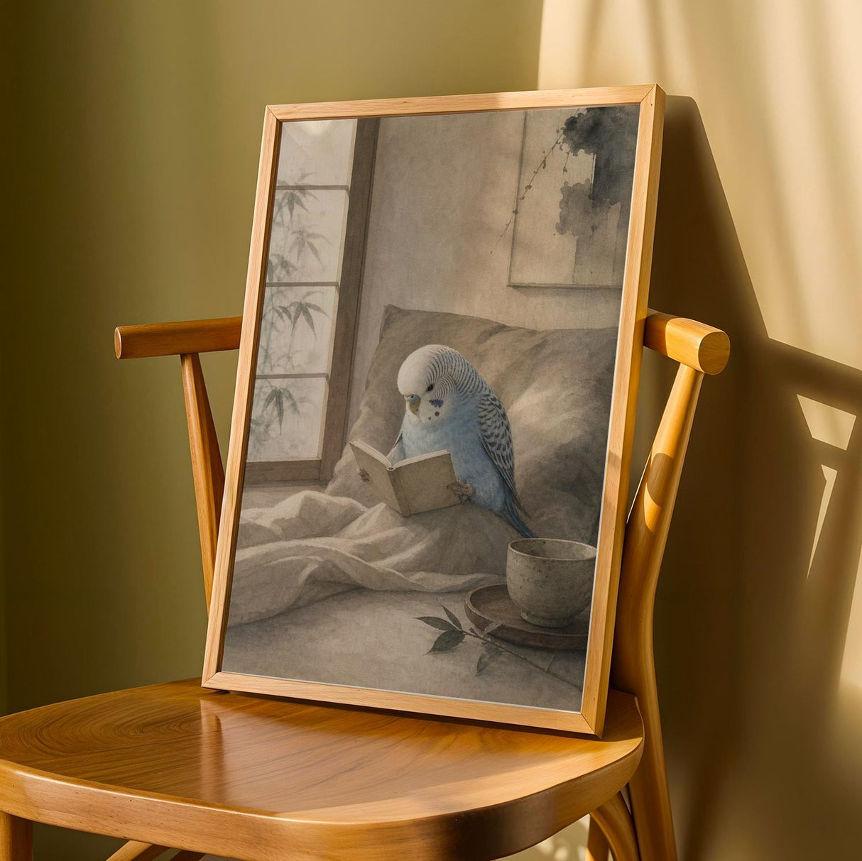 Light Blue Budgerigar Reading in Bed Poster | Japanese Zen Watercolor Bird Wall Art | Fog Gray Ivory Decor | Minimalist Bedroom Print