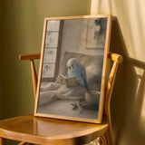 Light Blue Budgerigar Reading in Bed Poster | Japanese Zen Watercolor Bird Wall Art | Fog Gray Ivory Decor | Minimalist Bedroom Print