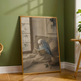 Light Blue Budgerigar Reading in Bed Poster | Japanese Zen Watercolor Bird Wall Art | Fog Gray Ivory Decor | Minimalist Bedroom Print