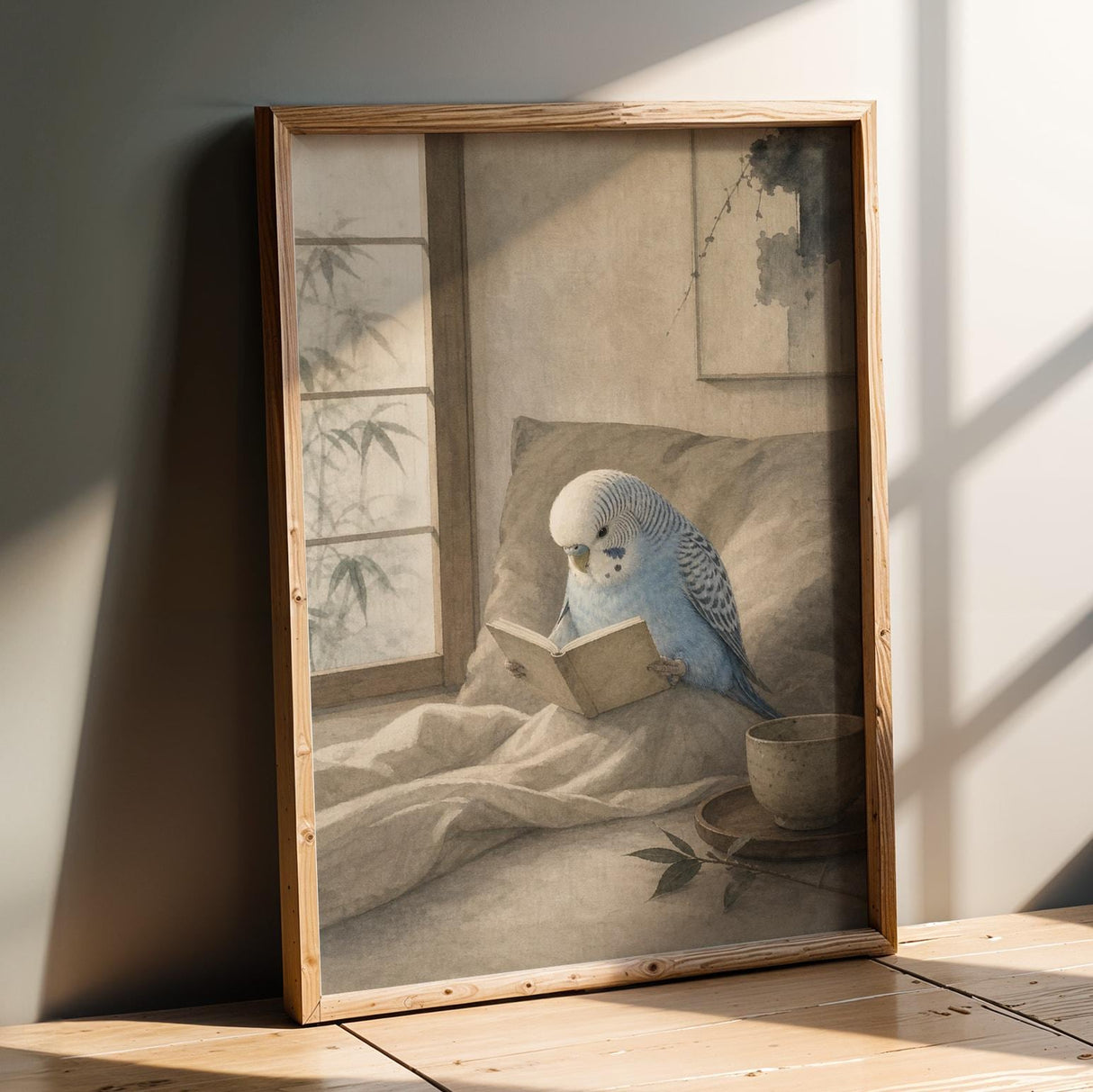Light Blue Budgerigar Reading in Bed Poster | Japanese Zen Watercolor Bird Wall Art | Fog Gray Ivory Decor | Minimalist Bedroom Print