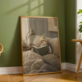 Cockatiel Reading in Bed Poster | Scandinavian Gouache Bird Wall Art | Warm Beige Blue Gray Decor | Cozy Minimalist Bedroom Print