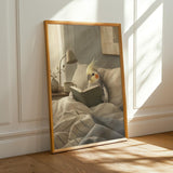 Cockatiel Reading in Bed Poster | Scandinavian Gouache Bird Wall Art | Warm Beige Blue Gray Decor | Cozy Minimalist Bedroom Print
