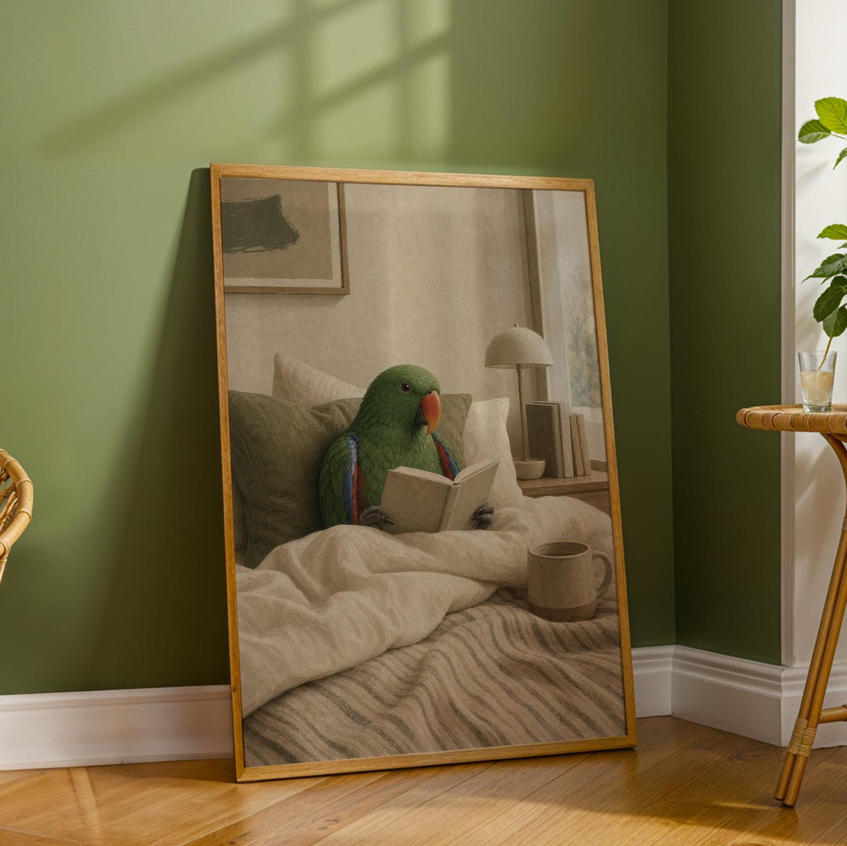 Silver Budgerigar Reading in Bed Poster | Japanese Zen Sumi-e Bird Wall Art | Warm Ivory Fog Gray Decor | Minimalist Bedroom Print