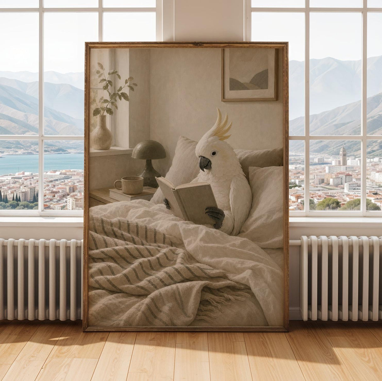 White Cockatoo Reading in Bed Poster | Scandinavian Gouache Bird Wall Art | Warm Beige Oat Milk Decor | Cozy Minimalist Bedroom Print