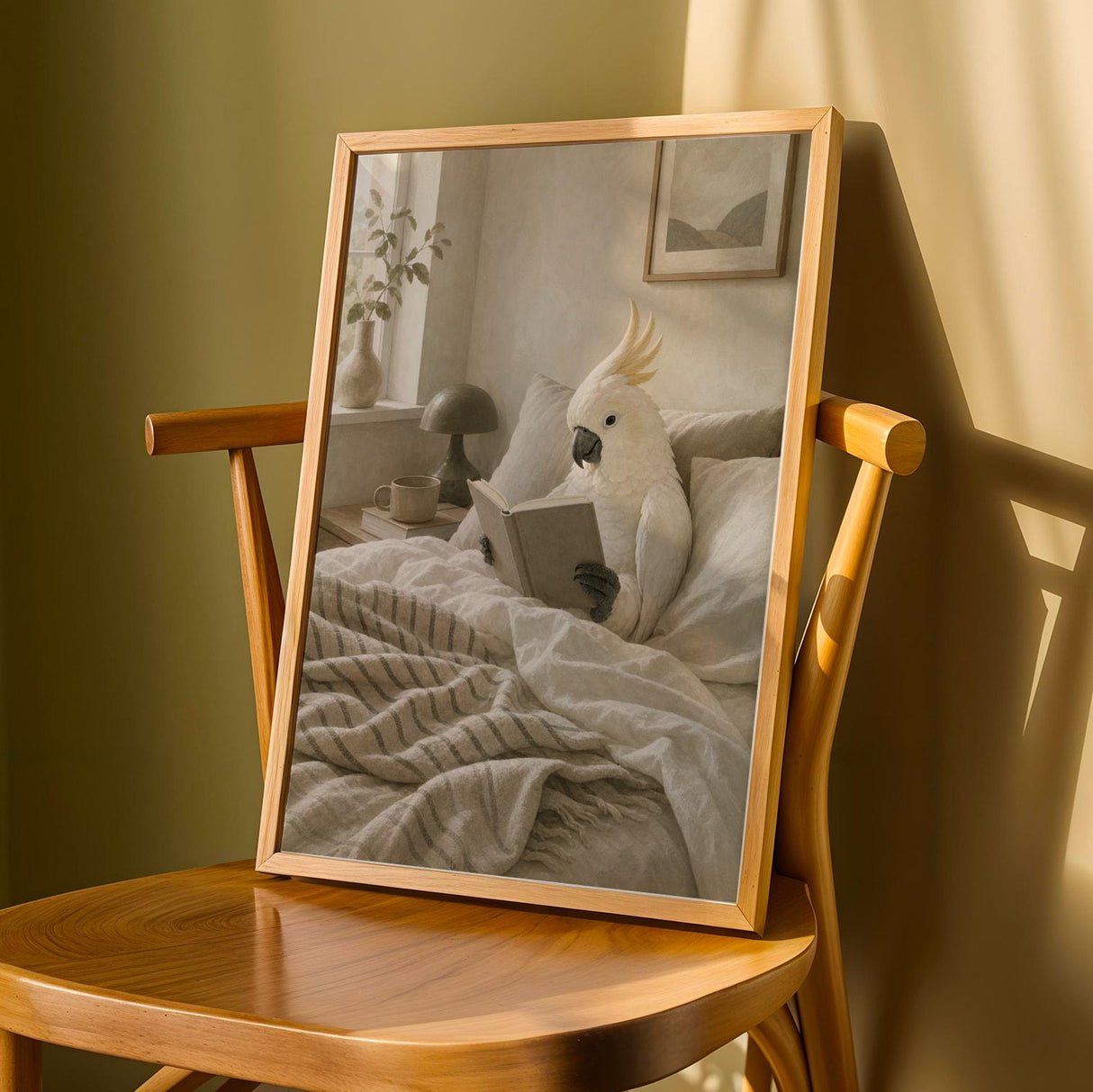 White Cockatoo Reading in Bed Poster | Scandinavian Gouache Bird Wall Art | Warm Beige Oat Milk Decor | Cozy Minimalist Bedroom Print