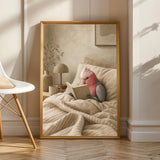 Galah Parrot Reading in Bed Poster | Modern Gouache Bird Wall Art | Warm Beige Dusty Rose Decor | Cozy Minimalist Bedroom Print