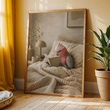 Galah Parrot Reading in Bed Poster | Modern Gouache Bird Wall Art | Warm Beige Dusty Rose Decor | Cozy Minimalist Bedroom Print