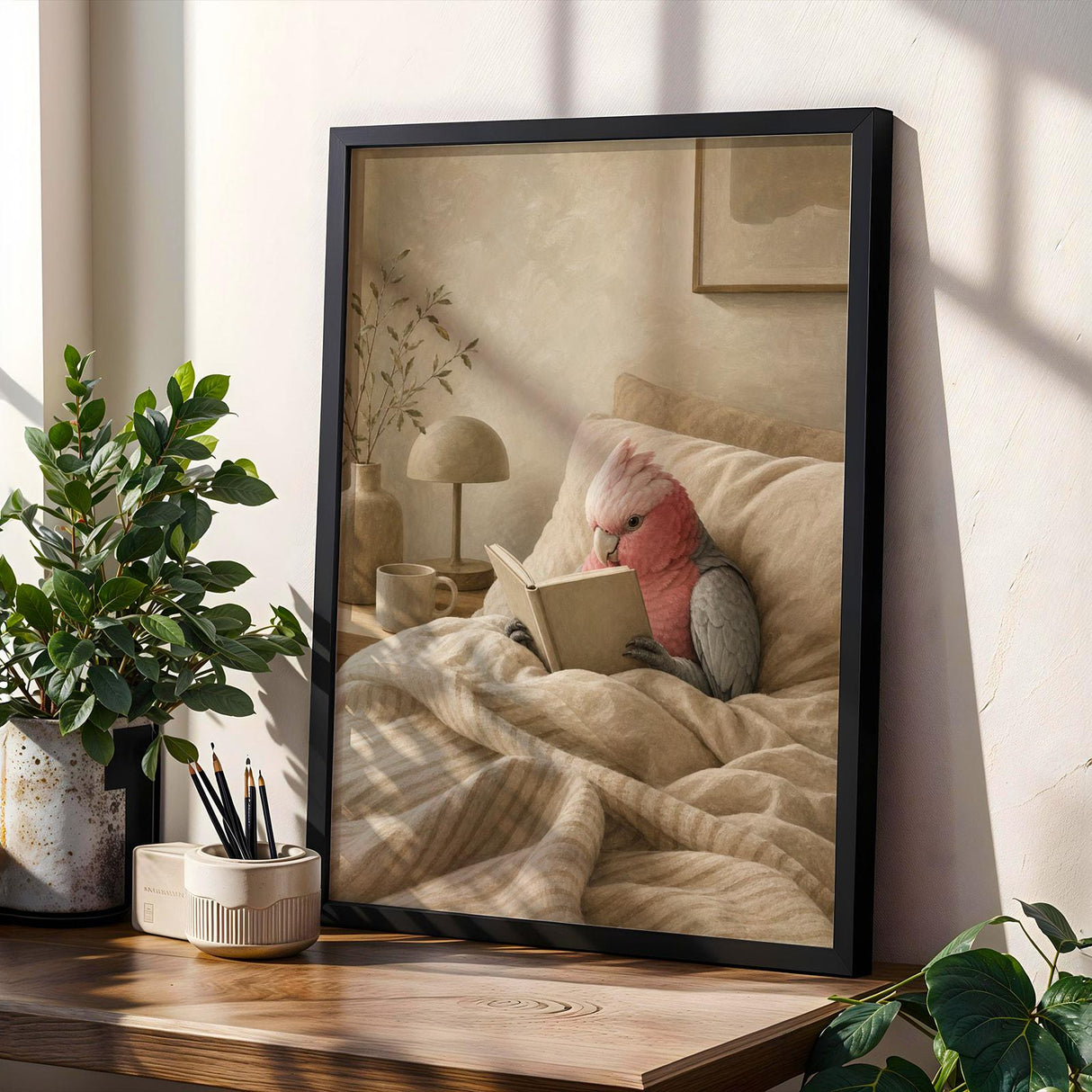 Galah Parrot Reading in Bed Poster | Modern Gouache Bird Wall Art | Warm Beige Dusty Rose Decor | Cozy Minimalist Bedroom Print