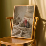 Galah Parrot Reading in Bed Poster | Modern Gouache Bird Wall Art | Warm Beige Dusty Rose Decor | Cozy Minimalist Bedroom Print