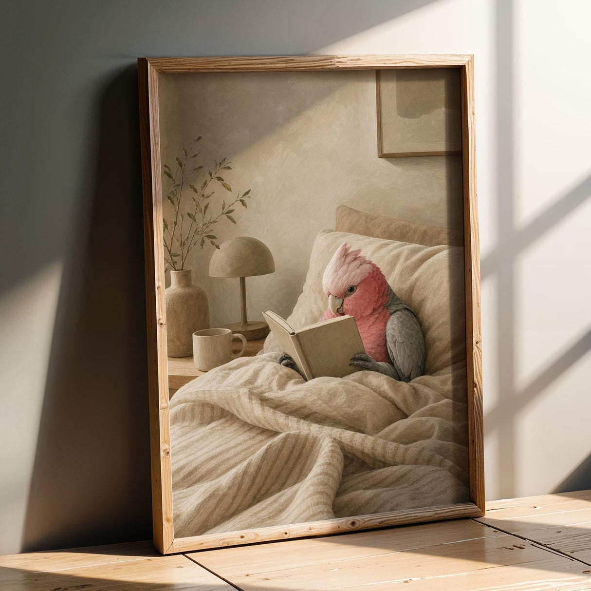 Galah Parrot Reading in Bed Poster | Modern Gouache Bird Wall Art | Warm Beige Dusty Rose Decor | Cozy Minimalist Bedroom Print