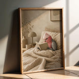 Galah Parrot Reading in Bed Poster | Modern Gouache Bird Wall Art | Warm Beige Dusty Rose Decor | Cozy Minimalist Bedroom Print