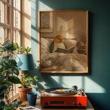 White Bellied Caique Reading in Bed Poster | Modern Gouache Bird Wall Art | Warm Beige Oat Milk Decor | Cozy Minimalist Bedroom Print