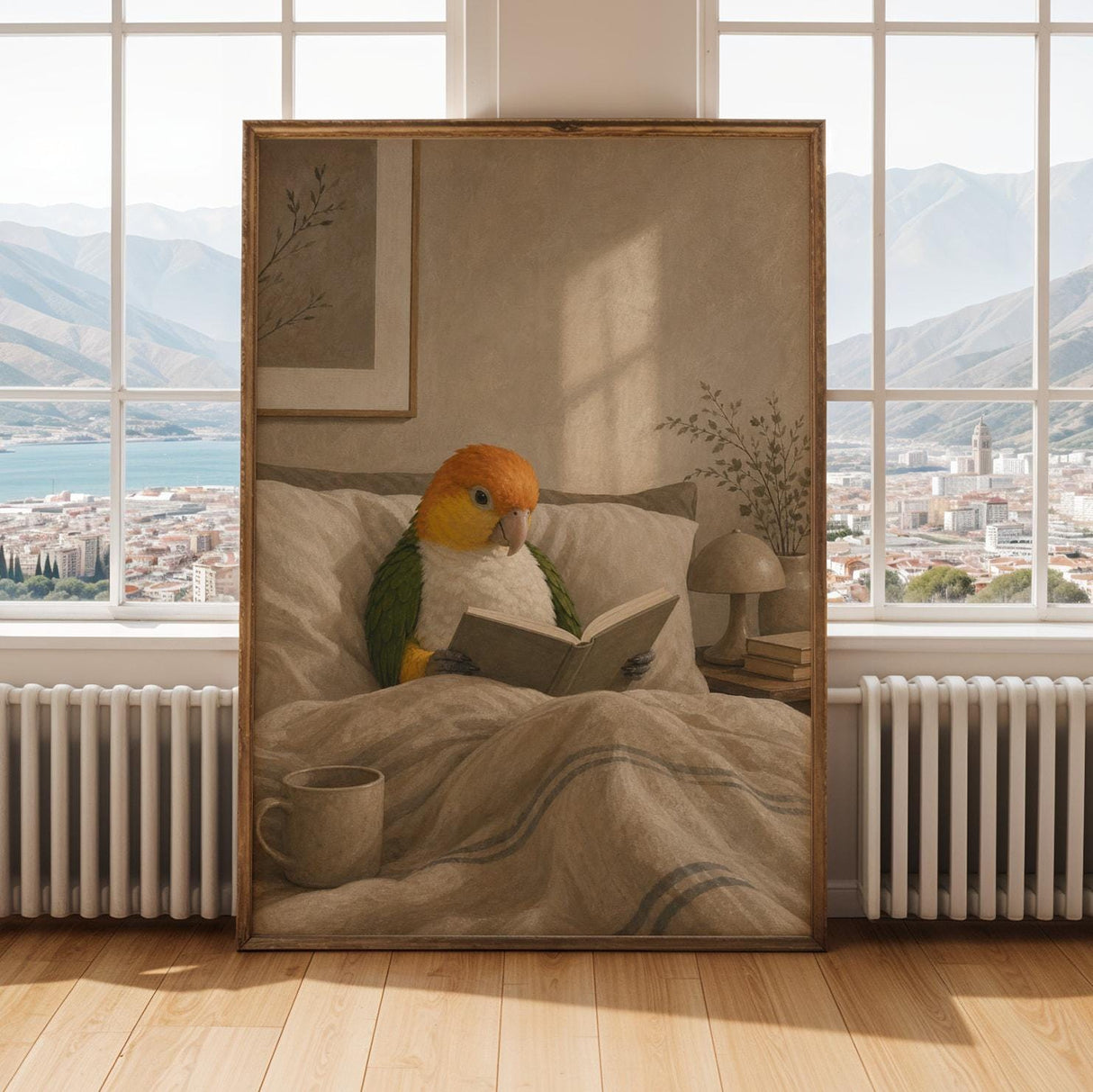 White Bellied Caique Reading in Bed Poster | Modern Gouache Bird Wall Art | Warm Beige Oat Milk Decor | Cozy Minimalist Bedroom Print