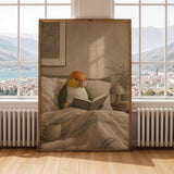 White Bellied Caique Reading in Bed Poster | Modern Gouache Bird Wall Art | Warm Beige Oat Milk Decor | Cozy Minimalist Bedroom Print