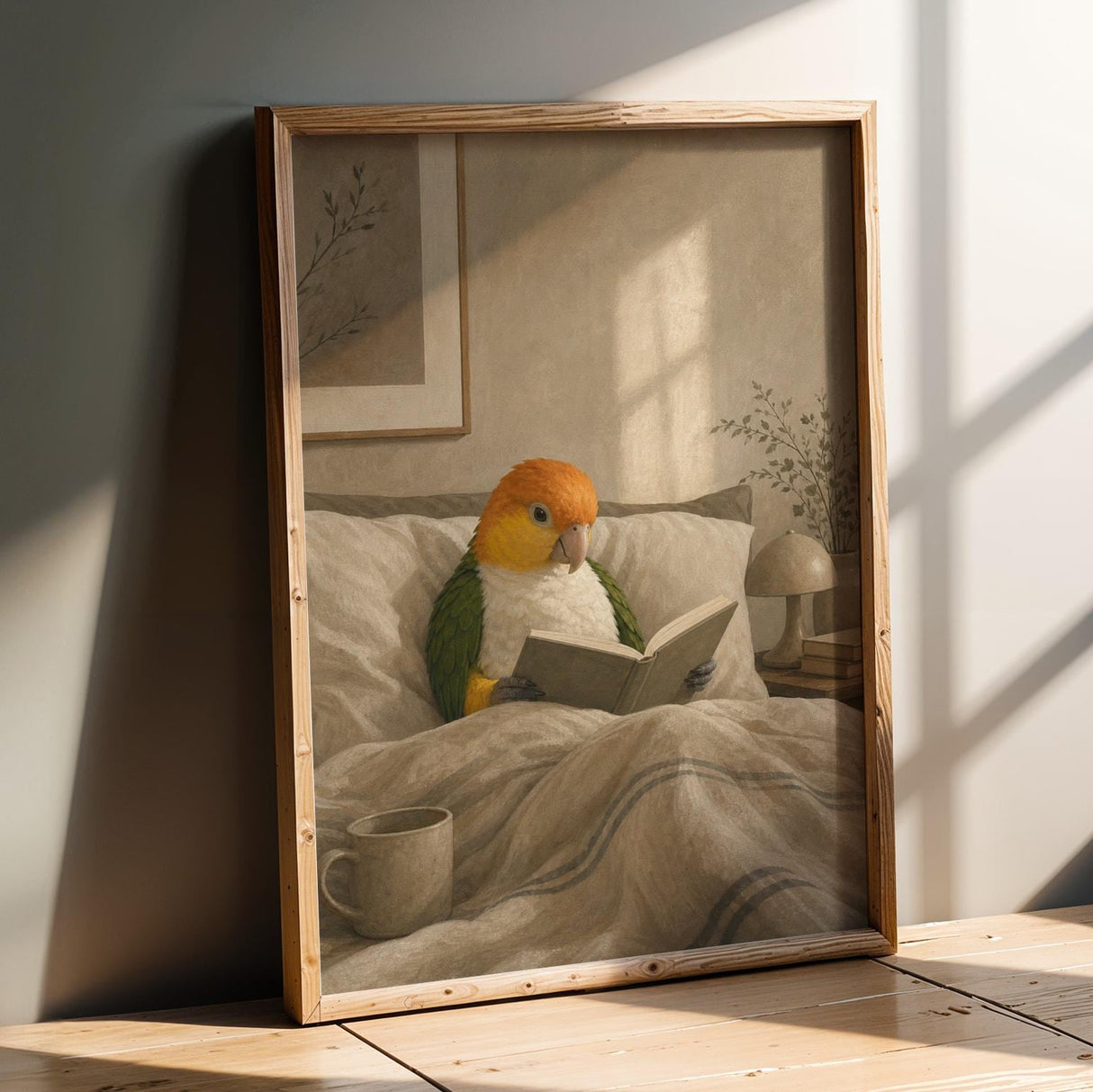 White Bellied Caique Reading in Bed Poster | Modern Gouache Bird Wall Art | Warm Beige Oat Milk Decor | Cozy Minimalist Bedroom Print