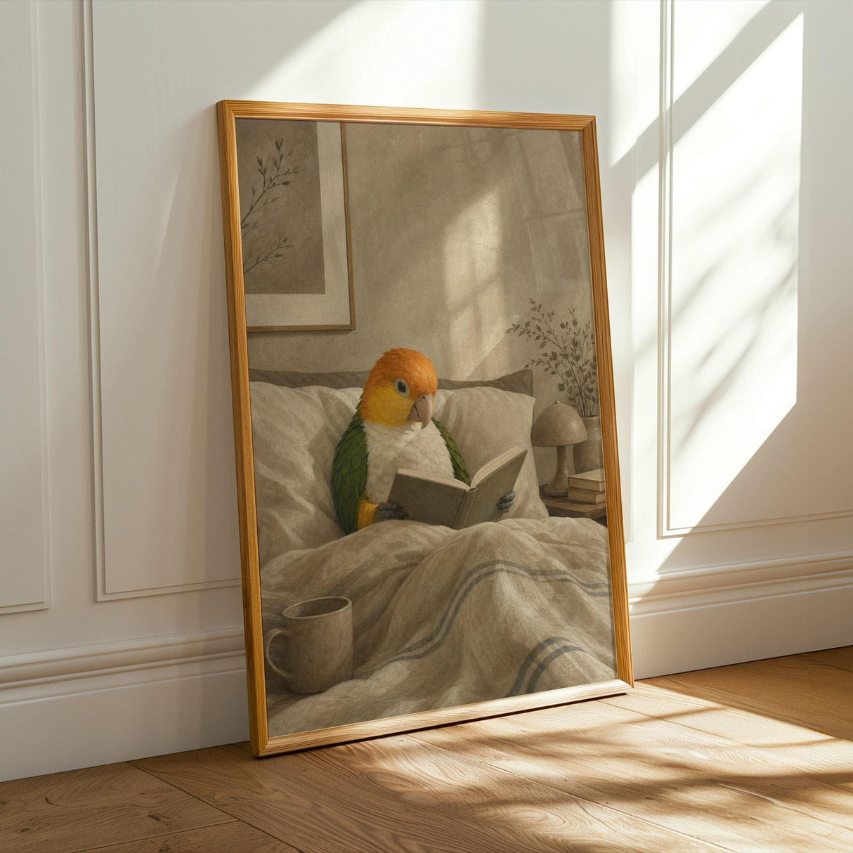 White Bellied Caique Reading in Bed Poster | Modern Gouache Bird Wall Art | Warm Beige Oat Milk Decor | Cozy Minimalist Bedroom Print