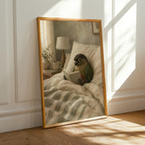 Dusky Conure Reading in Bed Poster | Scandinavian Gouache Bird Wall Art | Warm Beige Oat Milk Decor | Cozy Minimalist Bedroom Print