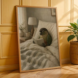 Dusky Conure Reading in Bed Poster | Scandinavian Gouache Bird Wall Art | Warm Beige Oat Milk Decor | Cozy Minimalist Bedroom Print