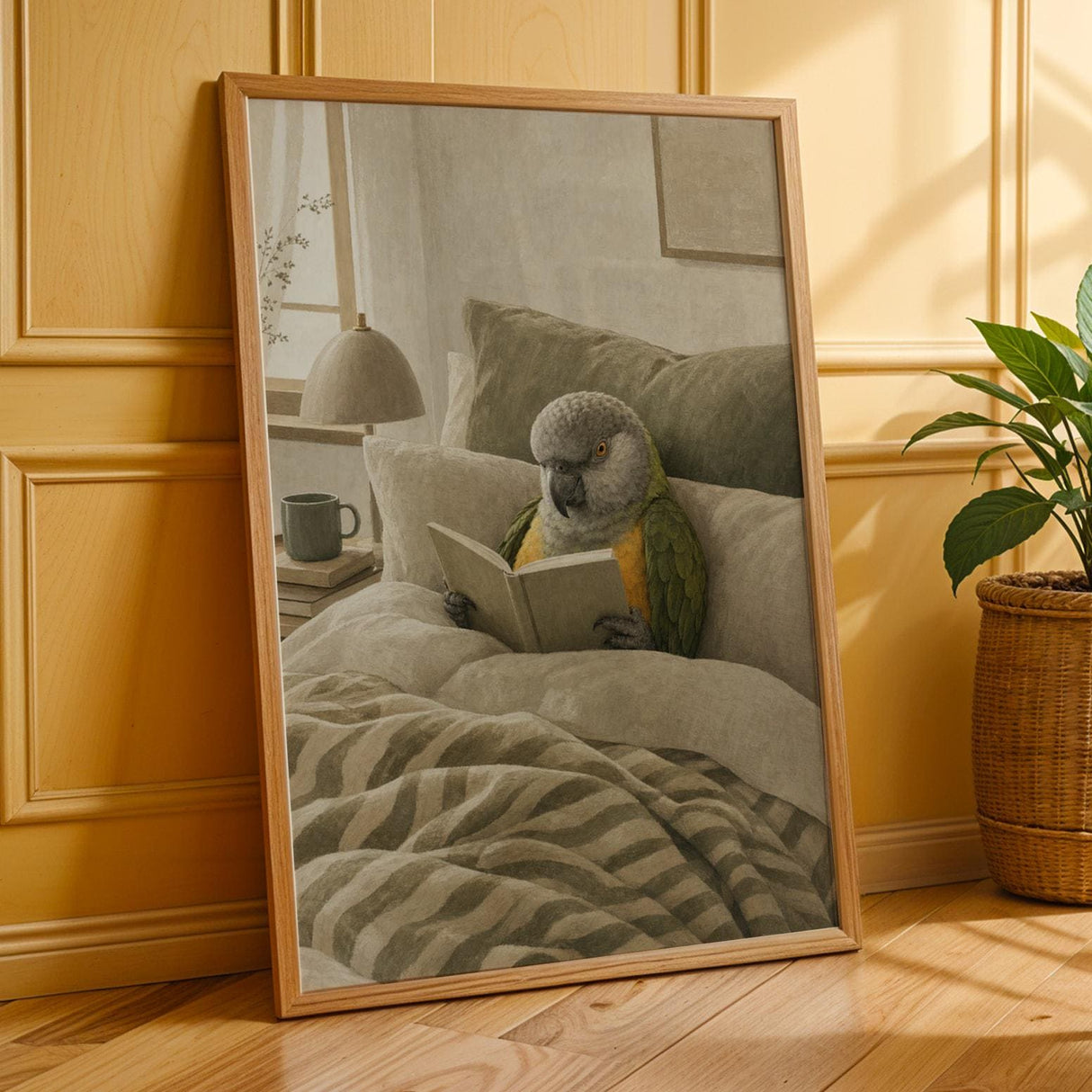 Senegal Parrot Reading in Bed Poster | Scandinavian Soft Gouache Bird Wall Art | Warm Beige Oat Milk Decor | Cozy Minimalist Bedroom Print