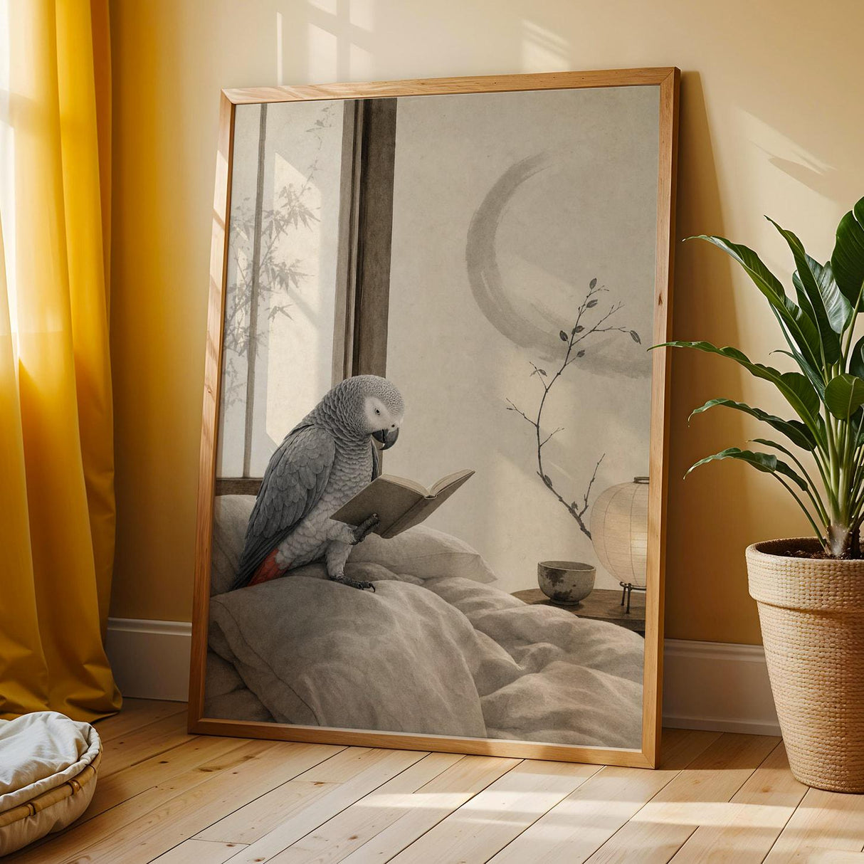 African Grey Parrot Reading in Bed Poster | Japanese Zen Ink Wash Bird Wall Art | Warm Ivory Fog Gray Decor | Minimalist Bedroom Print