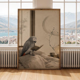 African Grey Parrot Reading in Bed Poster | Japanese Zen Ink Wash Bird Wall Art | Warm Ivory Fog Gray Decor | Minimalist Bedroom Print