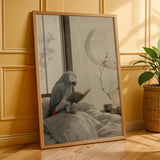 African Grey Parrot Reading in Bed Poster | Japanese Zen Ink Wash Bird Wall Art | Warm Ivory Fog Gray Decor | Minimalist Bedroom Print