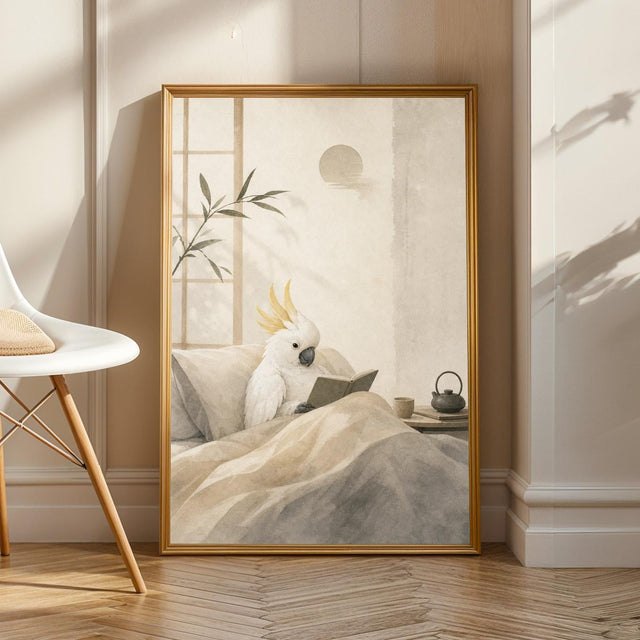 White Cockatoo Reading in Bed Poster | Japanese Zen Ink Wash Bird Wall Art | Warm Ivory Fog Gray Decor | Cozy Minimalist Reading Nook Print