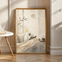 White Cockatoo Reading in Bed Poster | Japanese Zen Ink Wash Bird Wall Art | Warm Ivory Fog Gray Decor | Cozy Minimalist Reading Nook Print