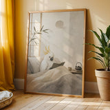 White Cockatoo Reading in Bed Poster | Japanese Zen Ink Wash Bird Wall Art | Warm Ivory Fog Gray Decor | Cozy Minimalist Reading Nook Print