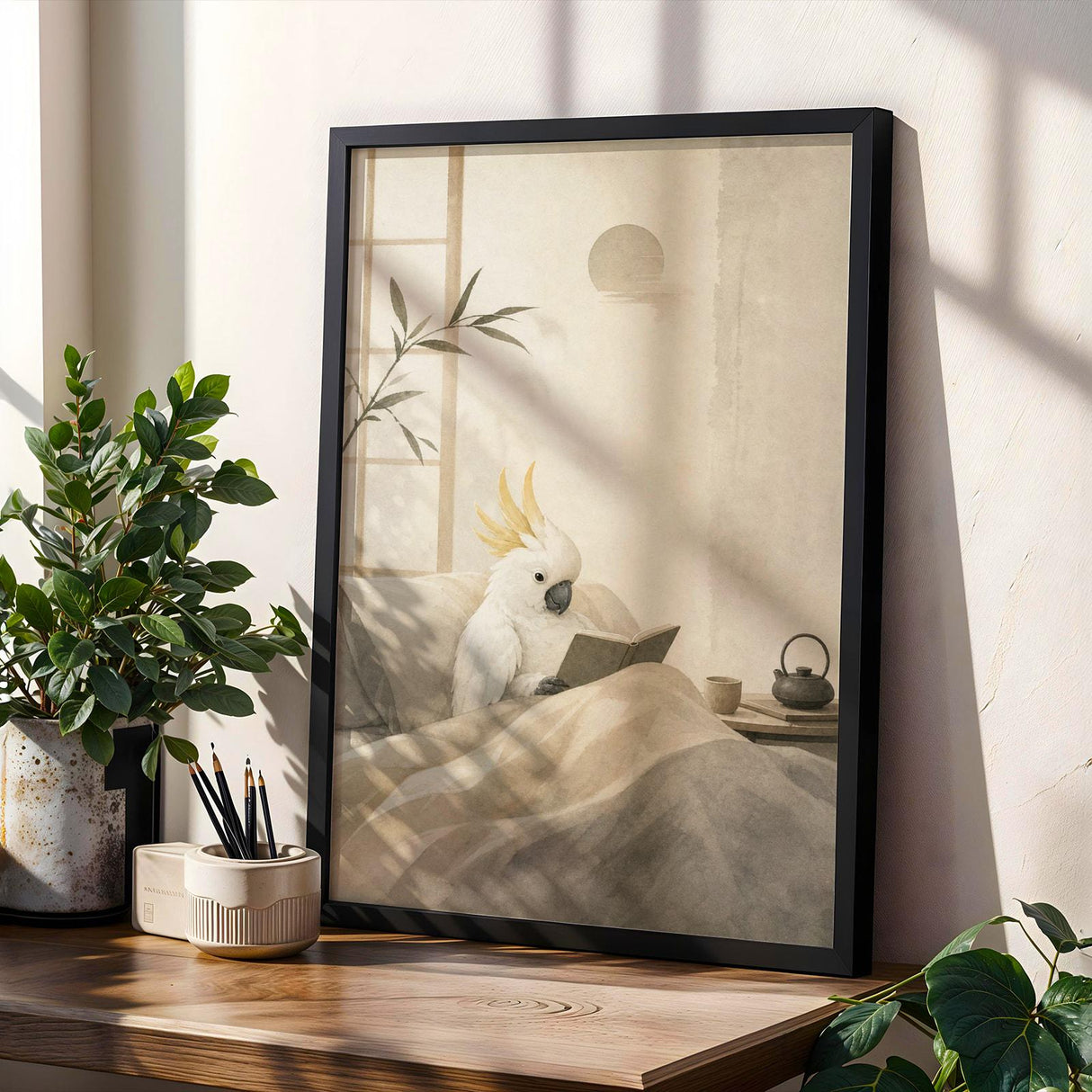 White Cockatoo Reading in Bed Poster | Japanese Zen Ink Wash Bird Wall Art | Warm Ivory Fog Gray Decor | Cozy Minimalist Reading Nook Print