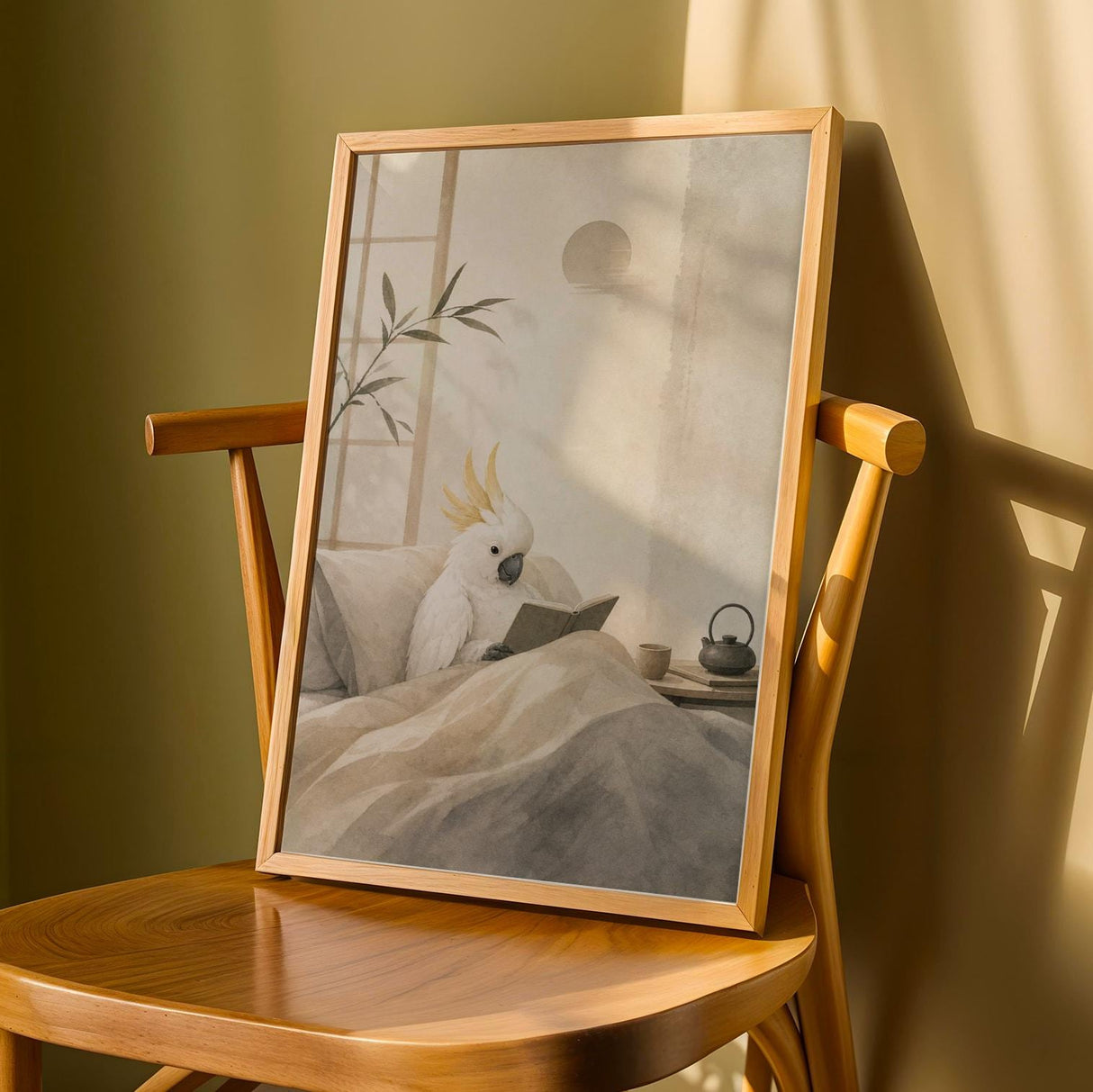 White Cockatoo Reading in Bed Poster | Japanese Zen Ink Wash Bird Wall Art | Warm Ivory Fog Gray Decor | Cozy Minimalist Reading Nook Print