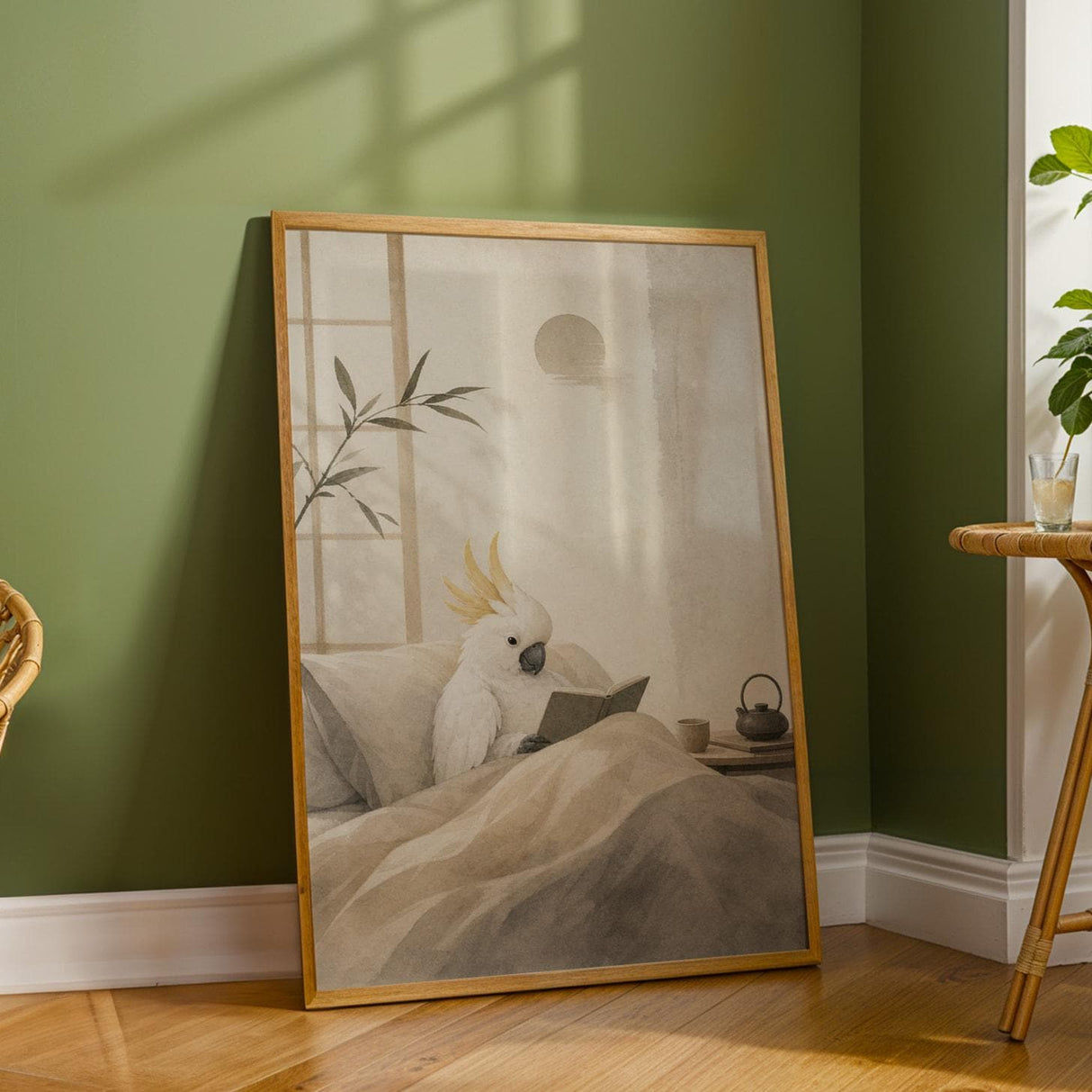 White Cockatoo Reading in Bed Poster | Japanese Zen Ink Wash Bird Wall Art | Warm Ivory Fog Gray Decor | Cozy Minimalist Reading Nook Print