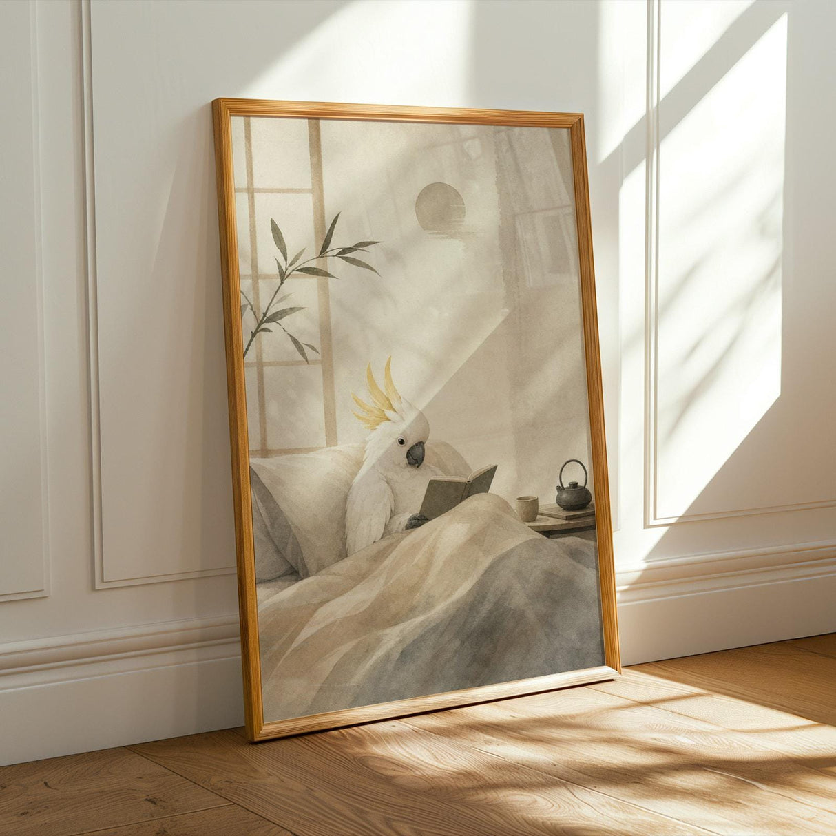 White Cockatoo Reading in Bed Poster | Japanese Zen Ink Wash Bird Wall Art | Warm Ivory Fog Gray Decor | Cozy Minimalist Reading Nook Print