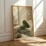 Eclectus Parrot Reading in Bed Poster | Japanese Zen Ink Wash Bird Wall Art | Warm Ivory Fog Gray Decor | Minimalist Bedroom Print