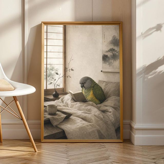 Senegal Parrot Reading in Bed Poster | Japanese Zen Ink Wash Bird Wall Art | Warm Ivory Fog Gray Decor | Minimalist Bedroom Print