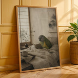 Senegal Parrot Reading in Bed Poster | Japanese Zen Ink Wash Bird Wall Art | Warm Ivory Fog Gray Decor | Minimalist Bedroom Print