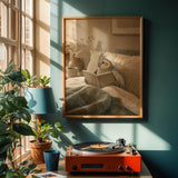 Silver Cockatiel Reading in Bed Poster | Scandinavian Gouache Bird Wall Art | Warm Beige Oat Milk Decor | Cozy Minimalist Bedroom Print
