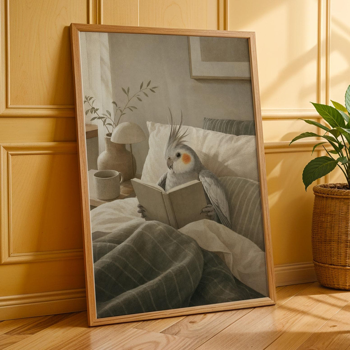 Silver Cockatiel Reading in Bed Poster | Scandinavian Gouache Bird Wall Art | Warm Beige Oat Milk Decor | Cozy Minimalist Bedroom Print