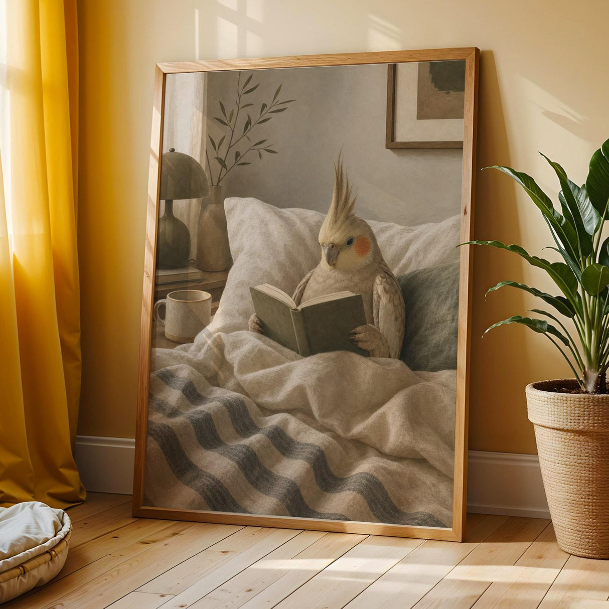 Cinnamon Cockatiel Reading in Bed Poster | Scandinavian Gouache Bird Wall Art | Warm Beige Ivory Decor | Cozy Minimalist Bedroom Print