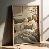 Pearl Cockatiel Reading in Bed Poster | Modern Gouache Bird Wall Art | Warm Beige Soft Ivory Decor | Cozy Minimalist Bedroom Print