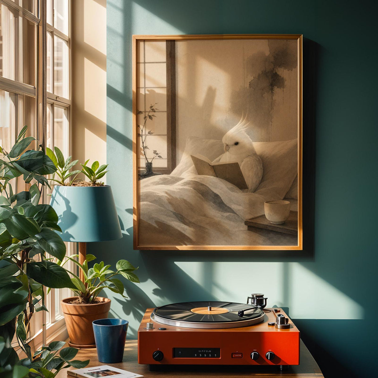 Cockatiel Reading in Bed Poster | Japanese Zen Sumi-e Bird Wall Art | Warm Ivory Fog Gray Decor | Minimalist Reading Nook Print