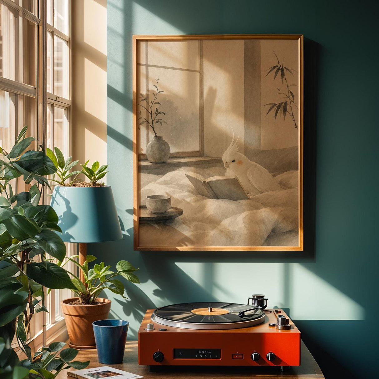Albino Cockatiel Reading in Bed Poster | Japanese Zen Sumi-e Bird Wall Art | Warm Ivory Fog Gray Decor | Minimalist Bedroom Print