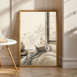 Light Silver Cockatiel Reading in Bed Poster | Japanese Zen Sumi-e Bird Wall Art | Warm Ivory Fog Gray Decor | Minimalist Bedroom Print
