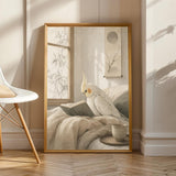 Pearl Cockatiel Reading in Bed Poster | Japanese Zen Ink Wash Bird Wall Art | Warm Ivory Sand Taupe Decor | Minimalist Bedroom Print