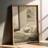 White Gloster Canary Reading in Bed Poster | Japanese Zen Sumi-e Bird Wall Art | Warm Ivory Fog Gray Decor | Minimalist Bedroom Print