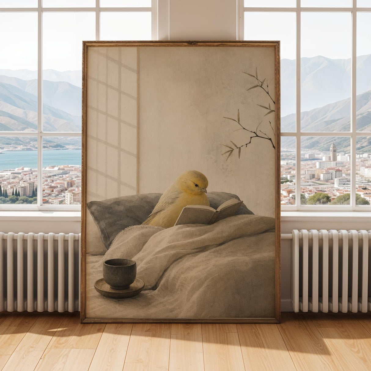 Roller Canary Reading in Bed Poster | Japanese Zen Sumi-e Bird Wall Art | Warm Ivory Neutral Decor | Minimalist Living Room Print