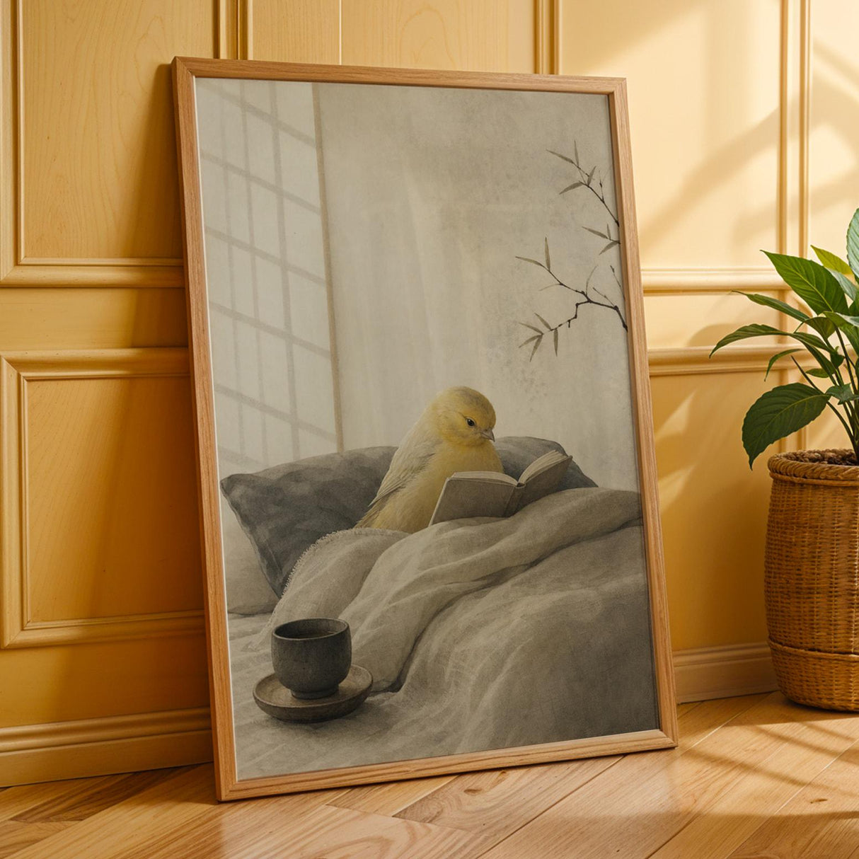 Roller Canary Reading in Bed Poster | Japanese Zen Sumi-e Bird Wall Art | Warm Ivory Neutral Decor | Minimalist Living Room Print