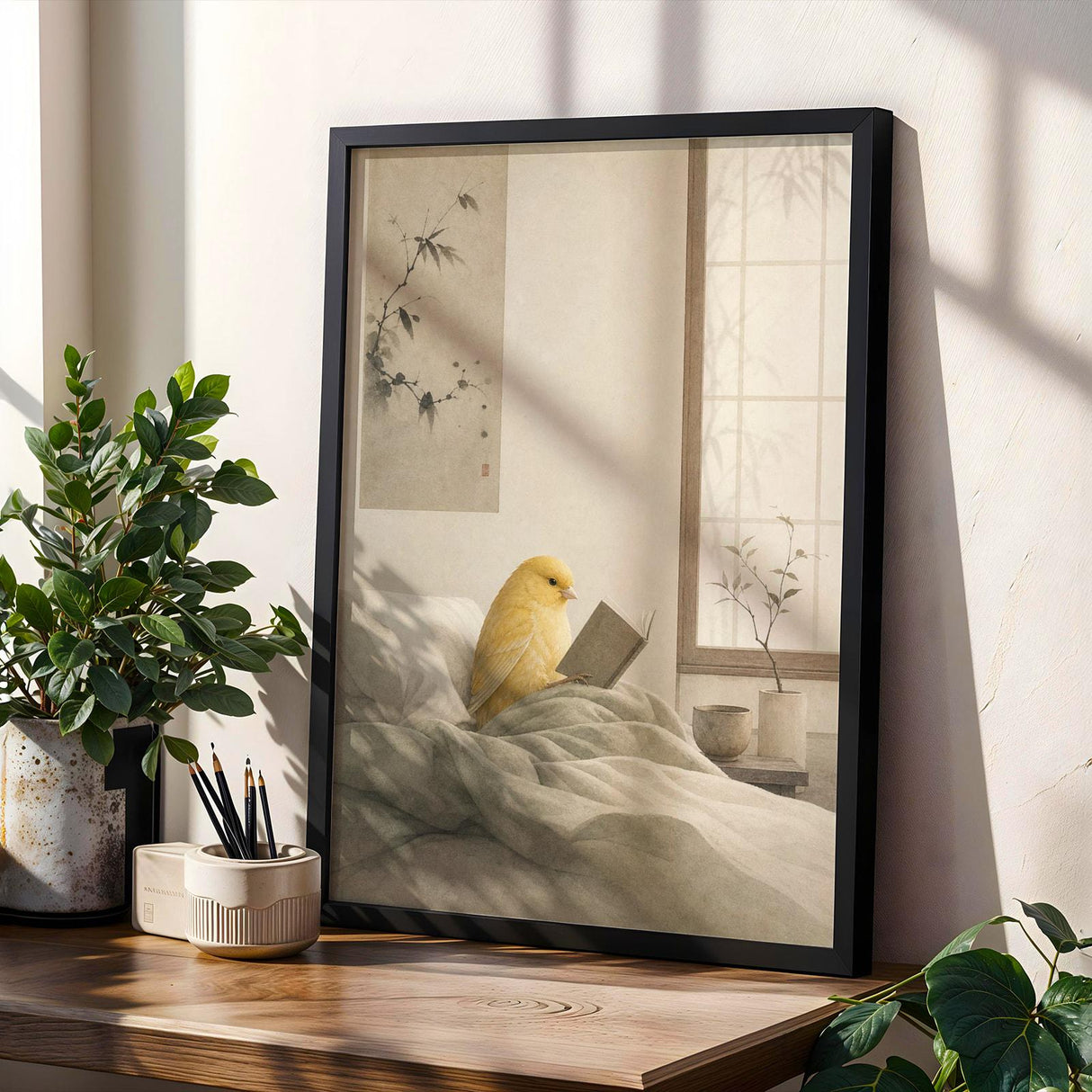 American Singer Canary Reading in Bed Poster | Japanese Zen Sumi-e Bird Wall Art | Warm Ivory Fog Gray Decor | Minimalist Bedroom Print