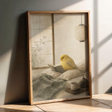 Gloster Canary Reading in Bed Poster | Japanese Zen Sumi-e Bird Wall Art | Warm Ivory Mustard Decor | Minimalist Bedroom Print